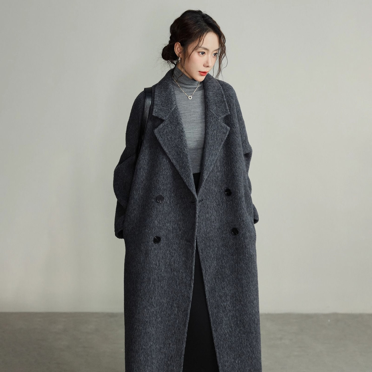 哥弟阿玛施正品灰色双面羊毛大衣女中长款2025新款秋冬高级感小个