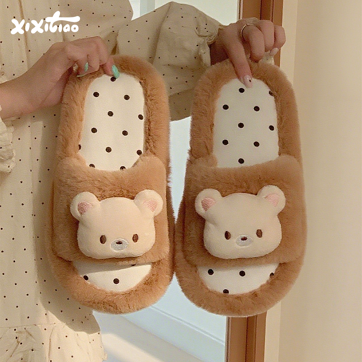 细细条 软萌小熊一字棉拖鞋可爱波点少女心秋冬防滑居家毛毛拖鞋