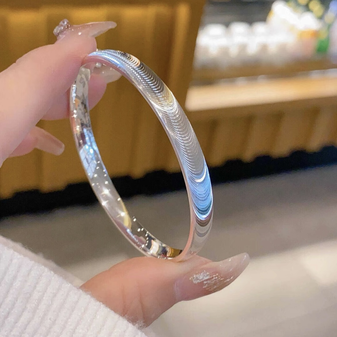 足银手镯 猫眼拉丝纯银手镯实心足银999手镯气质百搭七夕送女友