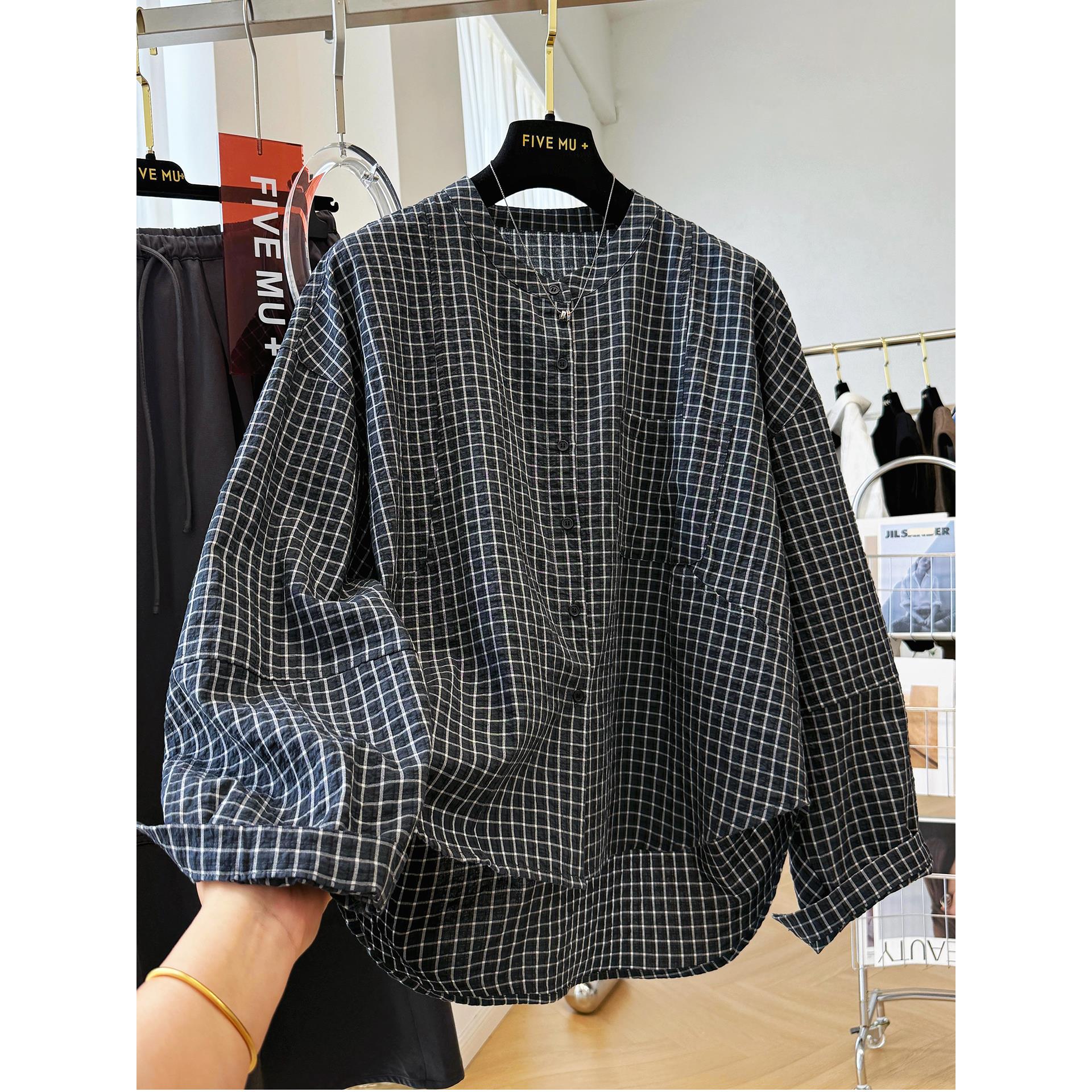 韩系复古格子宽松休闲圆领长袖衬衫男早秋季薄款上衣大码300斤潮