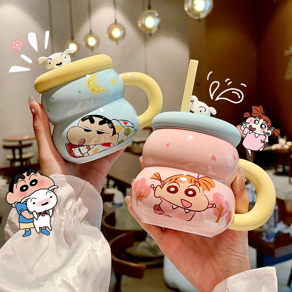 蜡笔小新马克杯带盖陶瓷水杯送闺蜜可爱办公室家用带吸管咖啡杯子