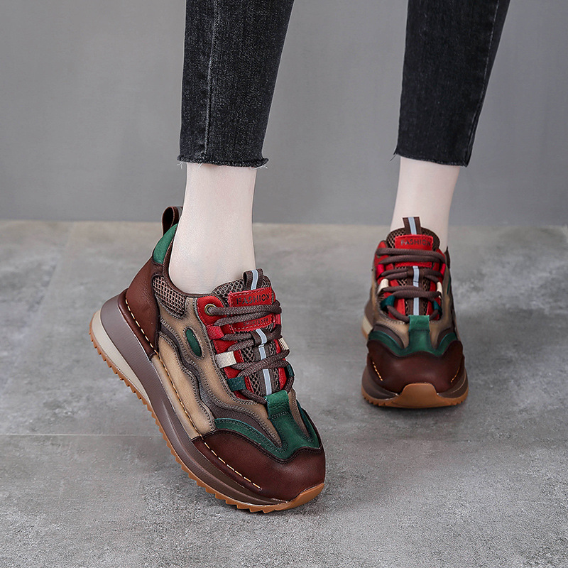 英伦风真皮运动鞋松糕鞋百搭休闲鞋拼色单鞋厚底低帮休闲老爹鞋