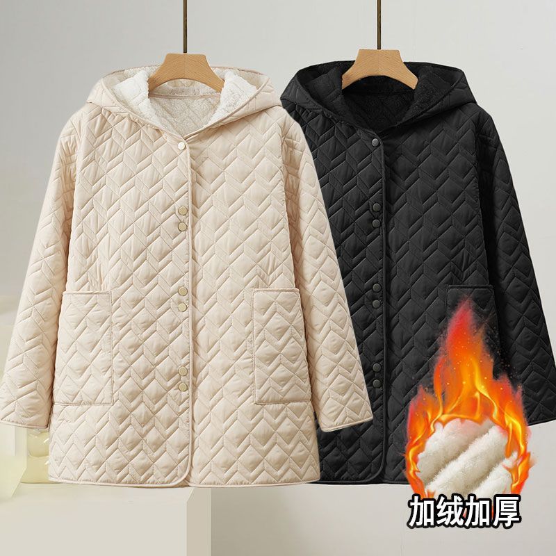 中长款妈妈款棉服女2025秋冬新款大码加绒棉衣连帽菱格百搭棉袄女