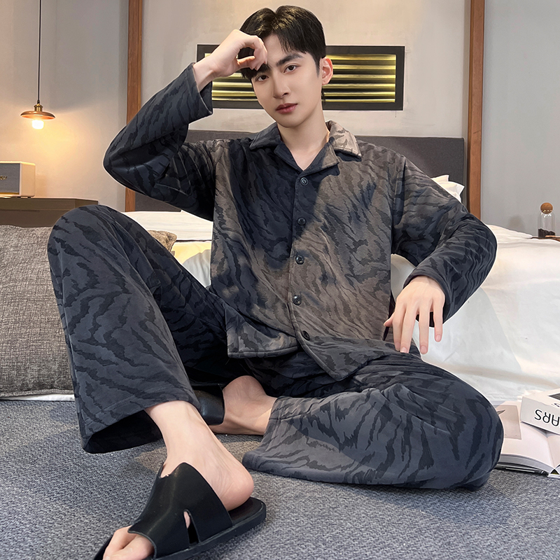 秋冬季海岛绒睡衣男士加绒冬天长袖休闲青年加厚款大码家居服套装