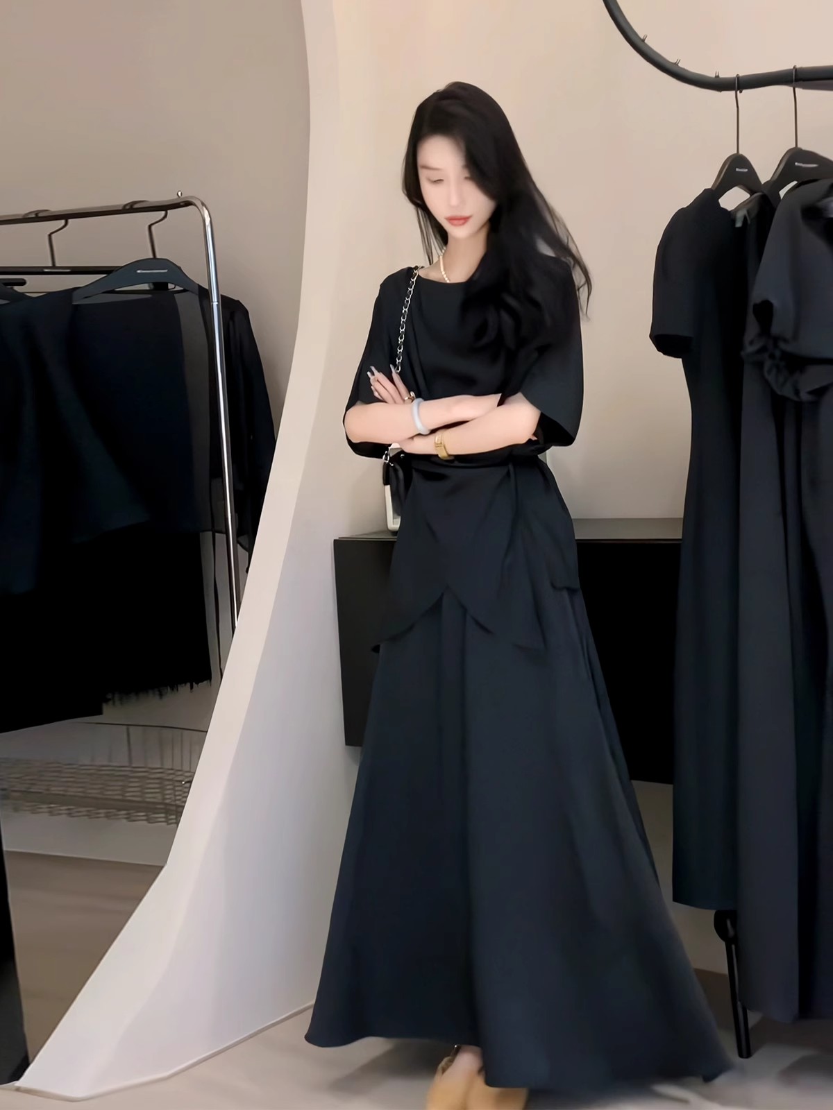 胖mm法式交叉系带褶皱短袖衬衫高腰半身裙套装夏赫本风衬衫两件套