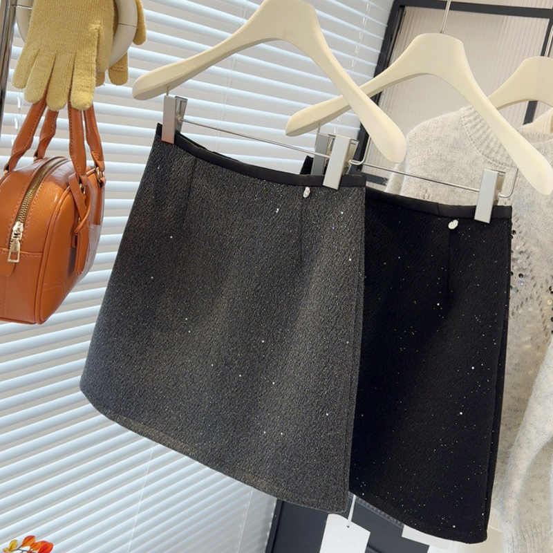 法式高级氛围感闪闪黑色亮片毛呢短裙女秋冬小香风A字包臀半身裙