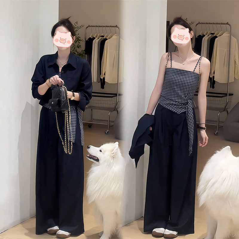 格子吊带背心炸街套装女早秋季爆款韩版外穿衬衫阔腿休闲裤三件套
