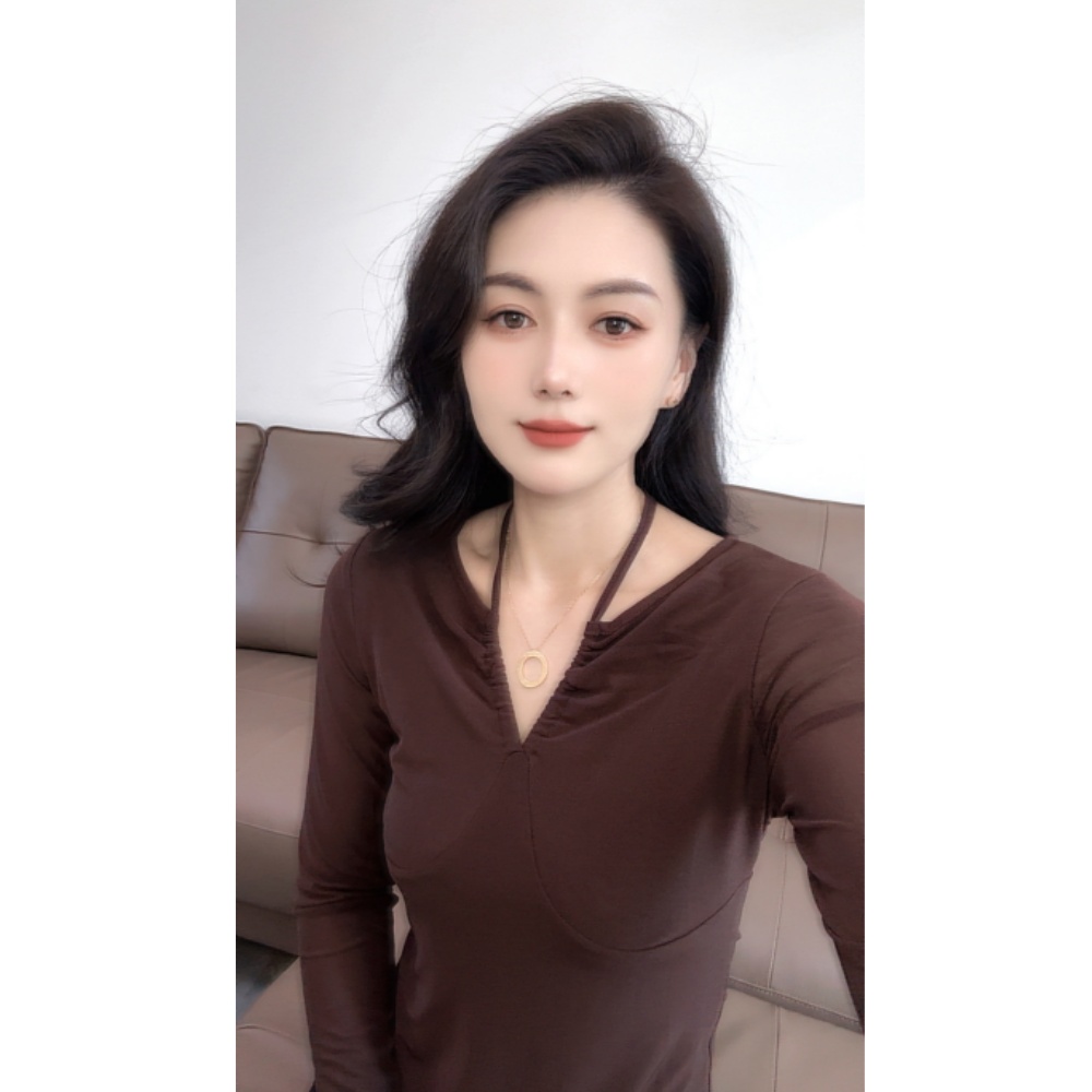 V领纯色百搭吊带T恤2025年秋季新款抽褶挂脖洋气上衣修身长袖通勤