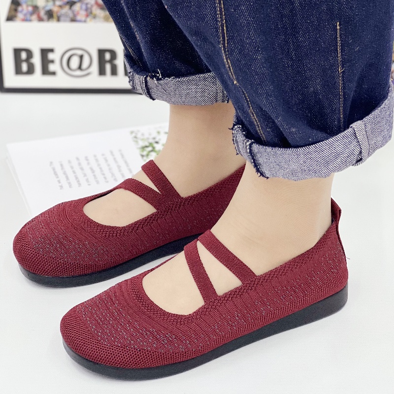 飞织透气一脚蹬妈妈鞋春季新款中老年休闲鞋圆头平底轻便透气防滑