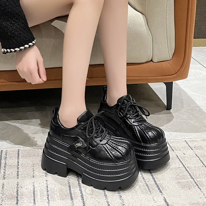 10cm超高跟松糕厚底小皮鞋女2025春季新款贝壳大头系带单鞋乐福鞋