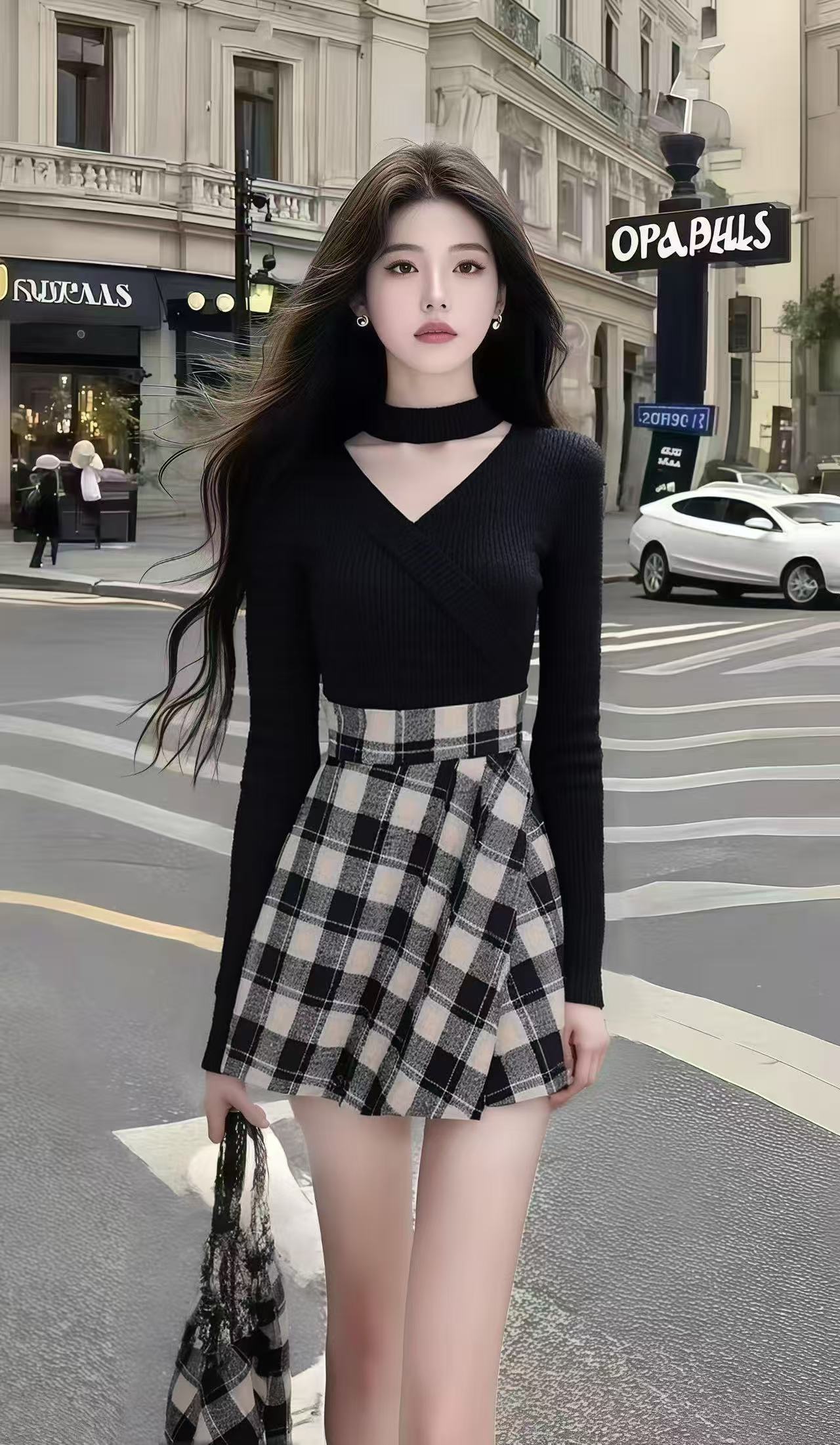 秋季新款淑女黑色修身V领长袖针织上衣+百搭黑色格子半身裙两件套