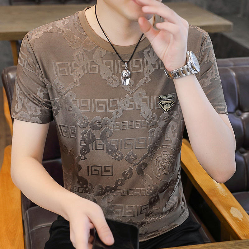 夏季凉感男士短袖t恤薄款冰丝潮流提花体恤新款休闲运动速干上衣