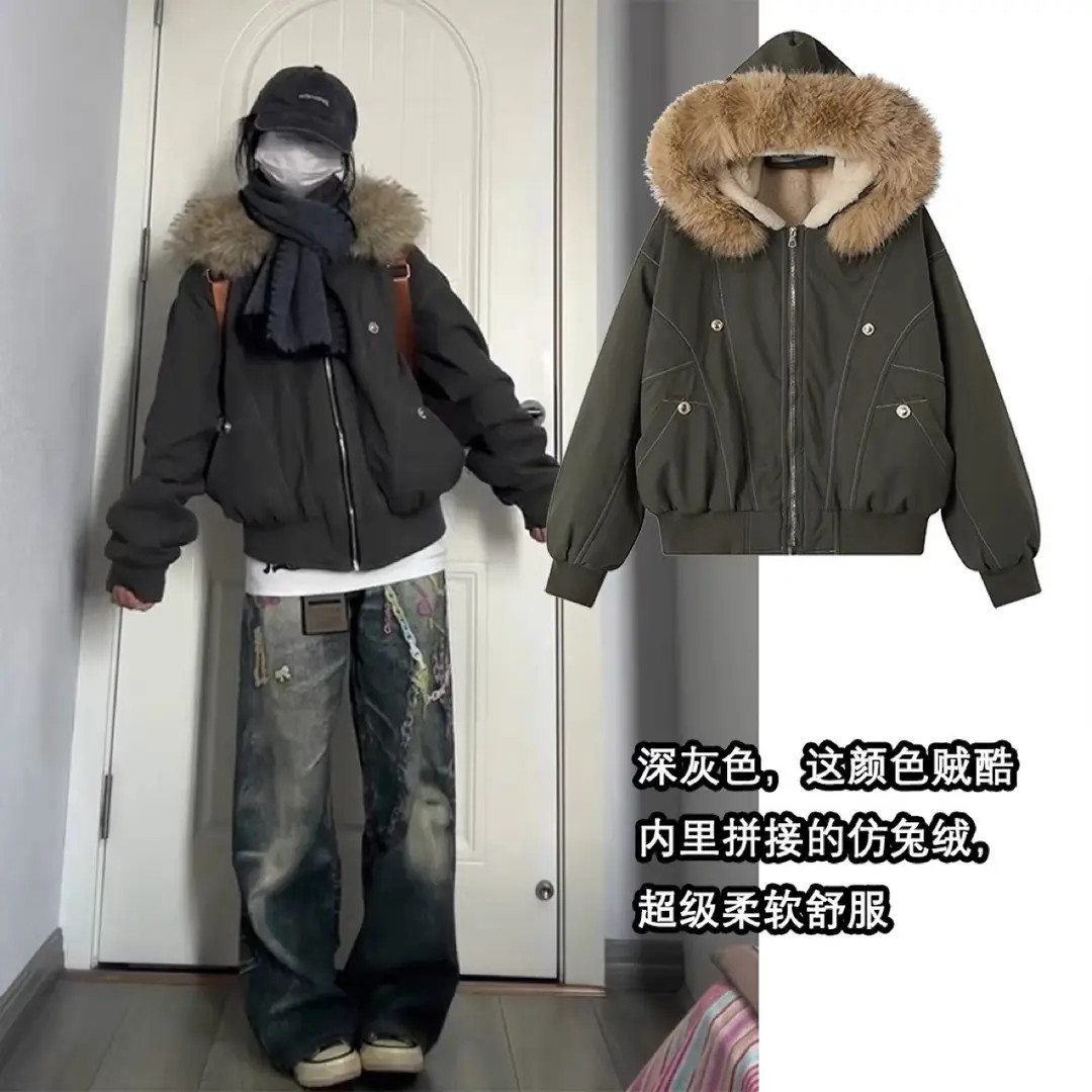 美式复古座山雕冬装派克棉服女款2025新款加厚棉袄仿兔毛工装外套