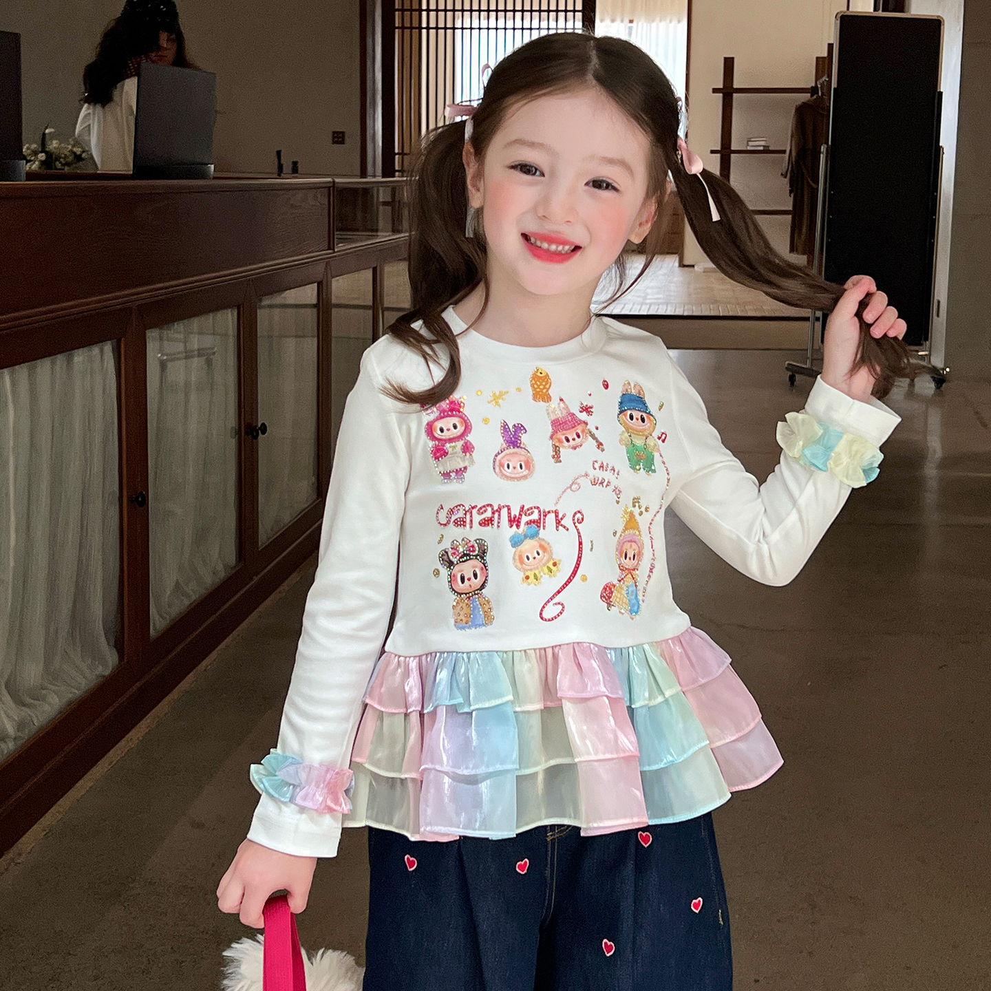 栀了成长记童装女童韩版印花烫钻上衣秋季裤子宝宝百搭荷叶边T恤
