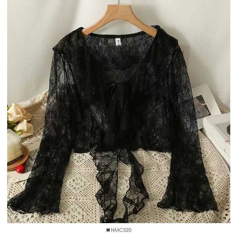 纯欲风性感V领衣女薄款夏季蕾丝喇叭袖系带开衫外套披肩罩衫