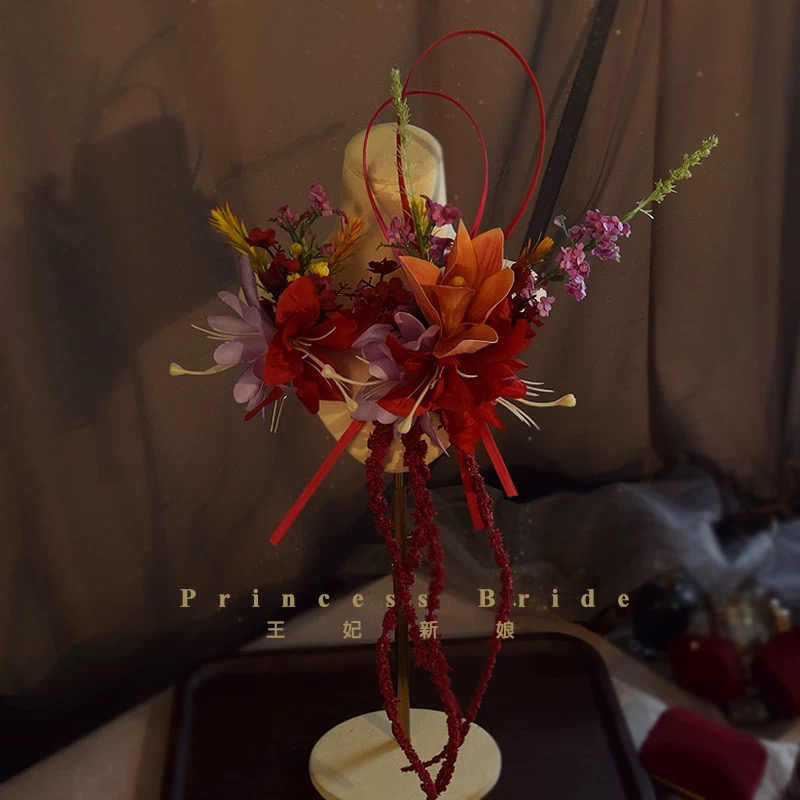 新品旗袍新娘盘发绝美后脑勺妆造头饰长花仿真发饰结婚外景发饰品