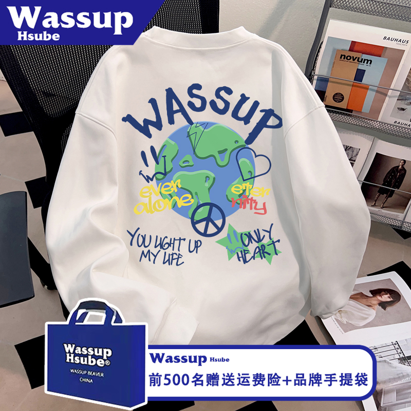 WASSUP HSUBE潮牌图案印花T恤男女款白色上衣ins秋100%棉流行长袖