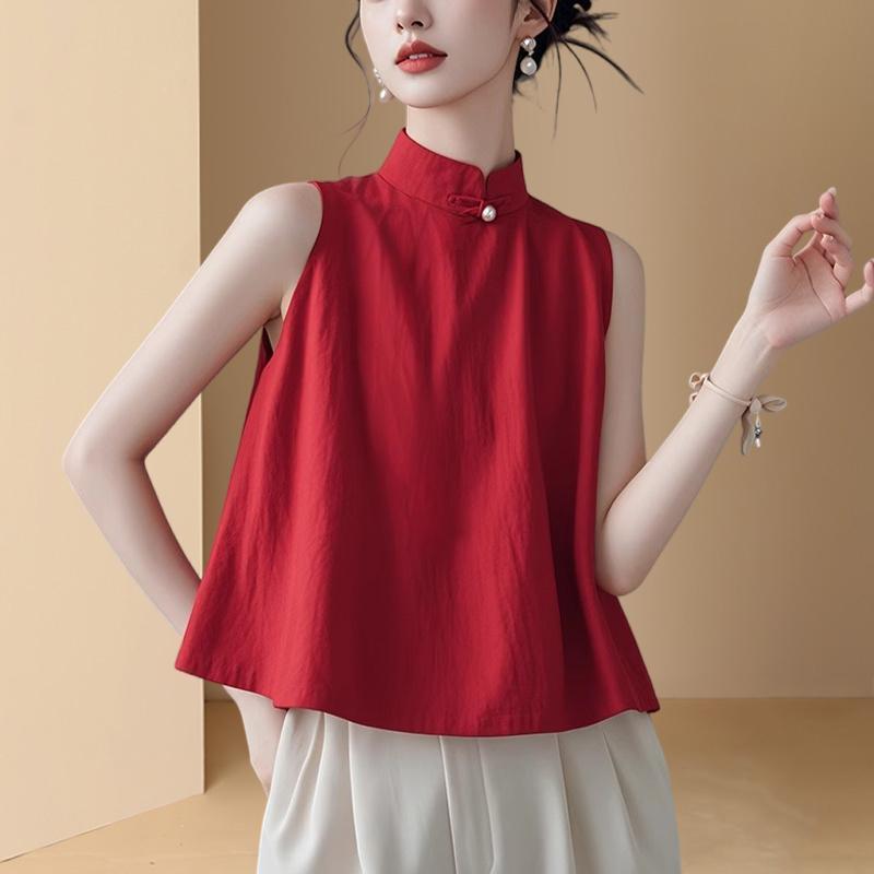 无袖上衣小衫安哥拉红女装衬衣爆款2025新款短袖夏季宽松马甲衬衫