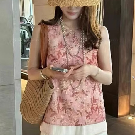 无袖衬衫女2025夏季新款欧韩货设计感薄纱假两件印花宽松网红上衣