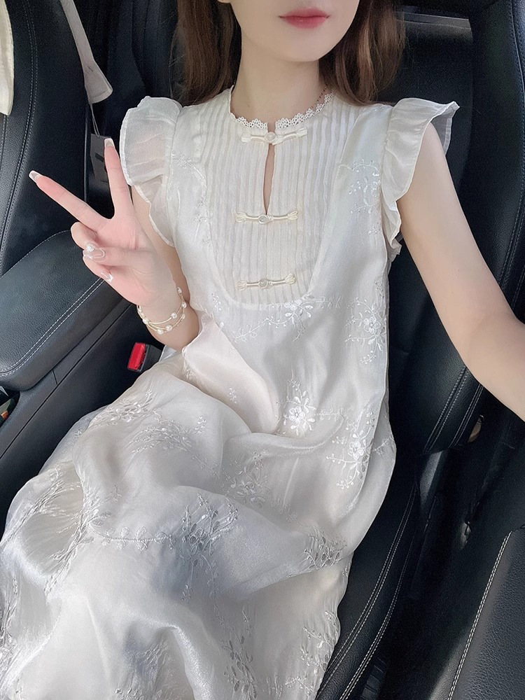 白色气质拼接夏季长裙新中式飞飞袖连衣裙旗袍显瘦法式中式长款