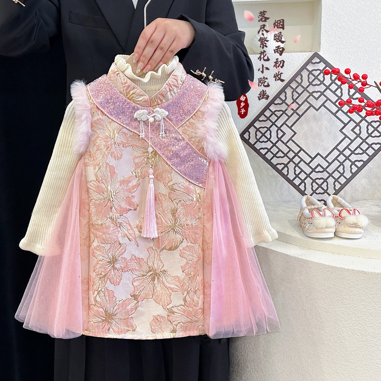 女童旗袍套装秋冬装儿童中国风加绒连衣裙女宝宝中式唐装拜年礼服