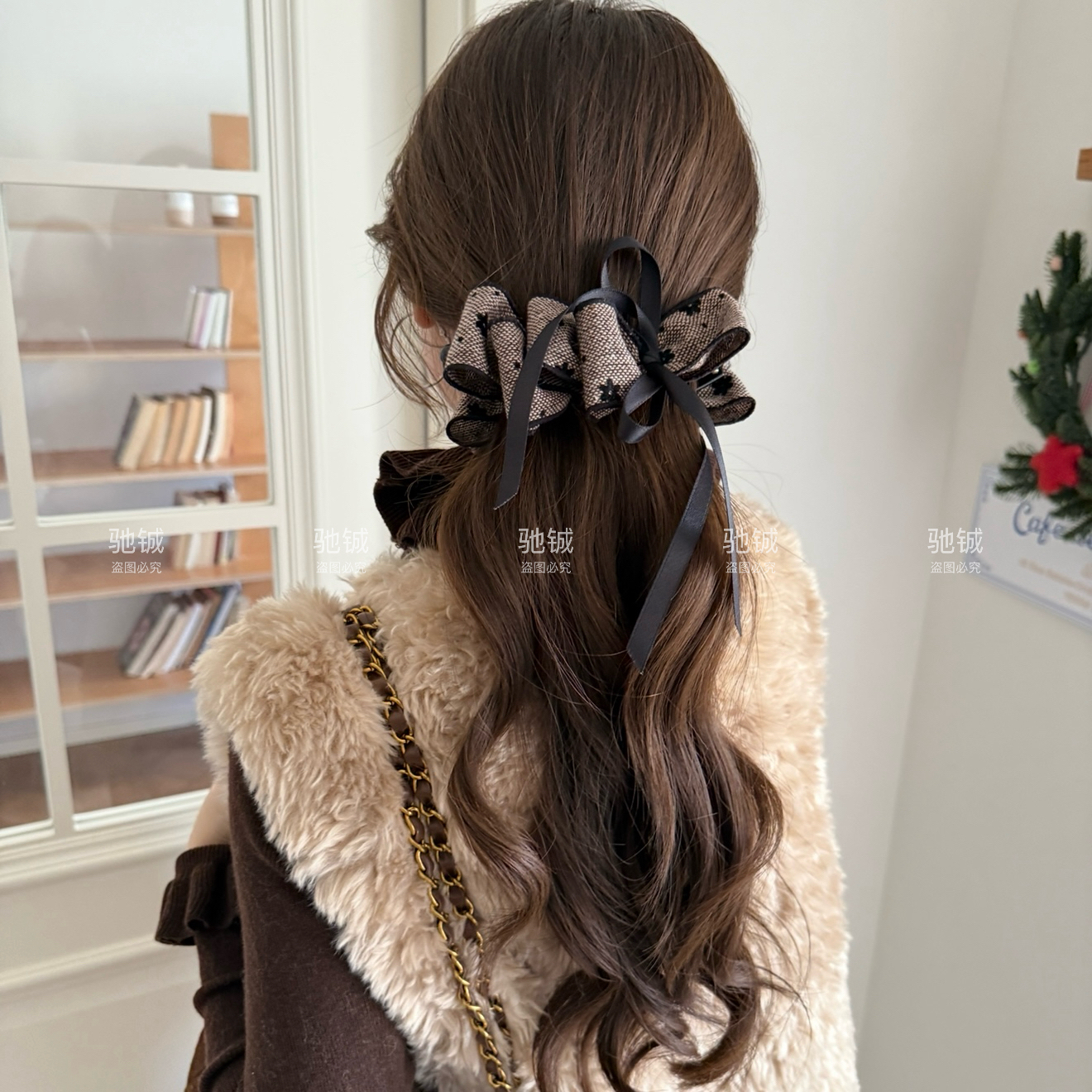 韩系千金风～多层蝴蝶结飘带香蕉夹后脑勺超紧植绒花朵马尾竖夹