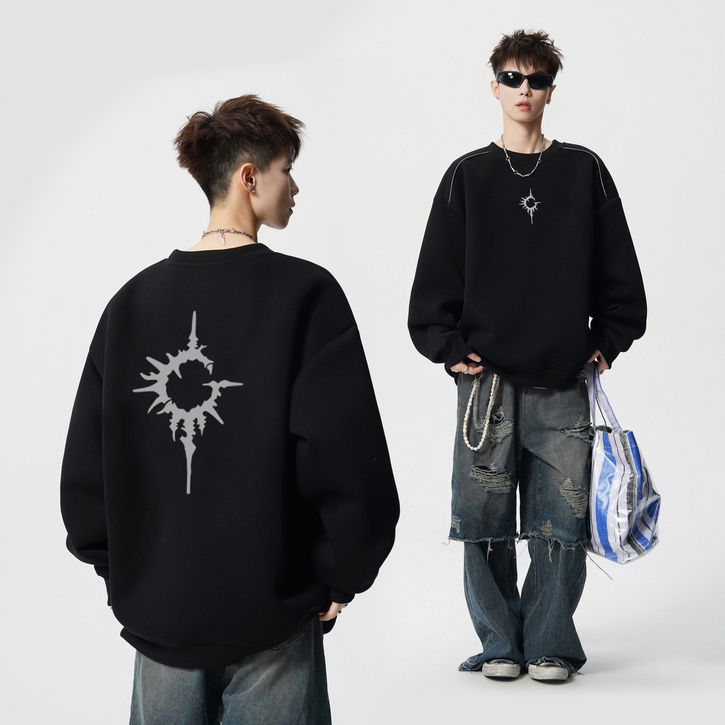 重磅美式圆领卫衣男款百搭潮流模糊字母印花宽松大码外穿长袖上衣