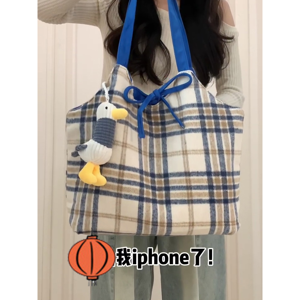 小众麂皮绒格纹双面背单肩包女2025新款蓝色大容量手提腋下托特包