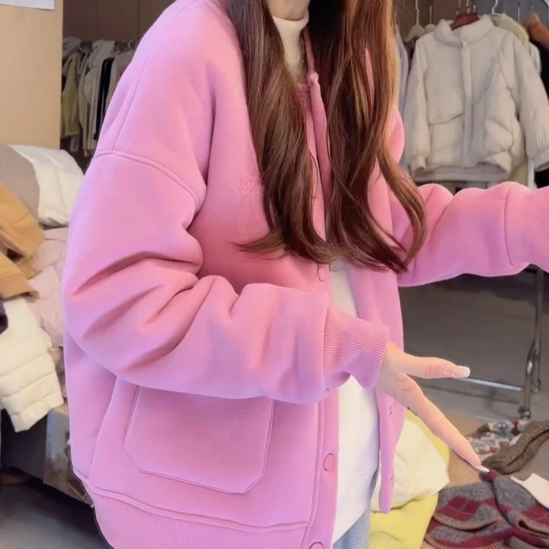 2025冬季新款加绒加厚气质时尚休闲显瘦开衫外套女慵懒风宽松上衣