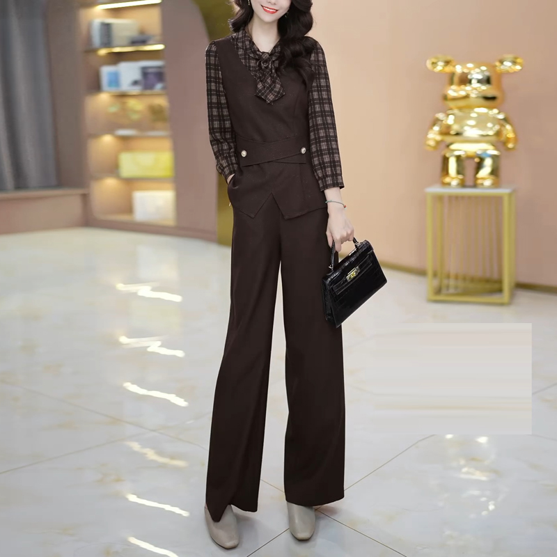 时尚休闲拼接套装2025秋季新款女士优雅气质显瘦遮肉阔腿裤两件套