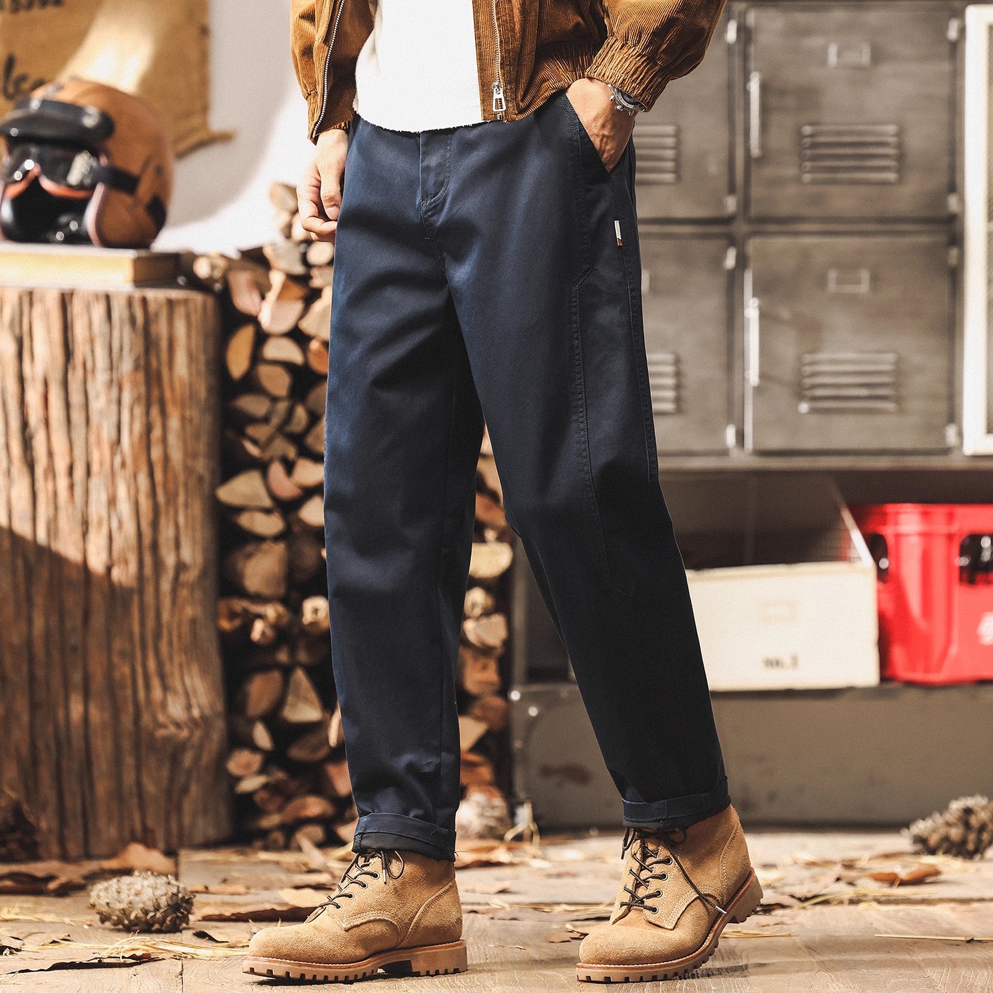美式复古藏青色工装裤子男款秋季潮牌百搭直筒宽松简约男士休闲裤