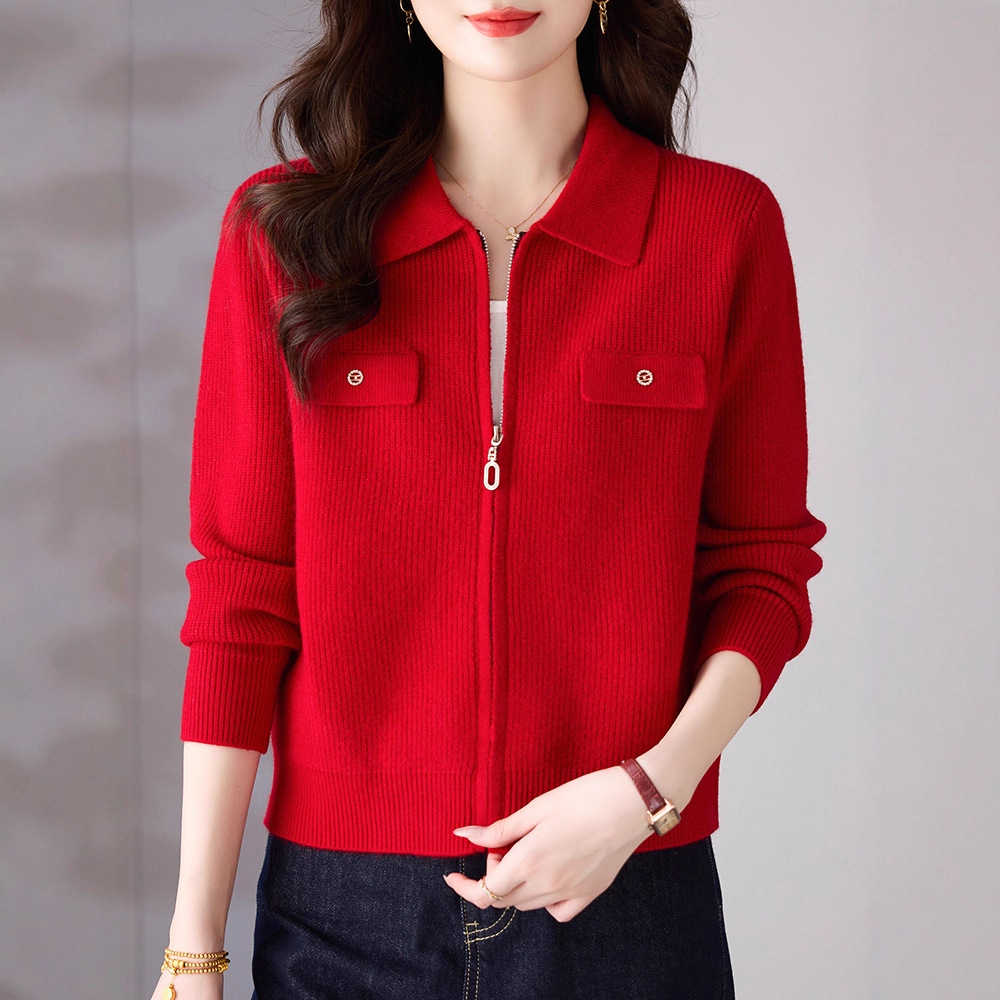 翻领毛衣开衫针织外套女士妈妈秋装2025年新款拉链外搭短款长袖上
