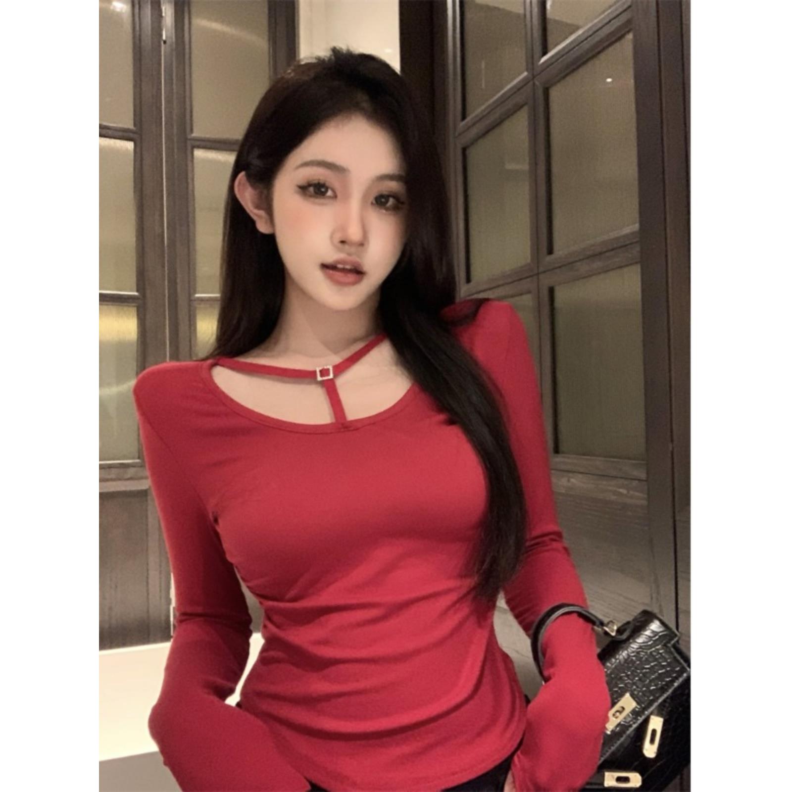 韩版小众别致新款秋冬修身气质内搭纯欲辣妹T恤小个子长袖上衣女