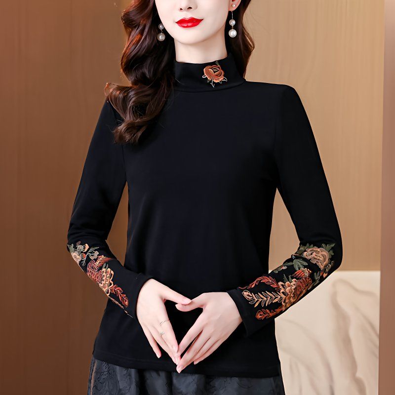 民族风秋冬装新款重工刺绣高领打底衫女加绒保暖弹力长袖百搭上衣