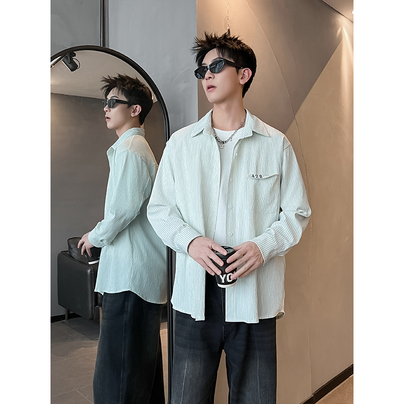 复古垂感春秋款宽松休闲男女生长袖衬衣外套日系条纹衬衫男学院风