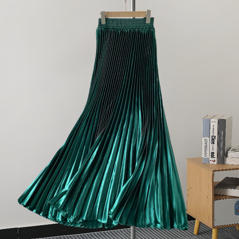 跨境韩国东大门炸街高腰a字百褶半身裙松紧腰简约纯色百褶A字裙