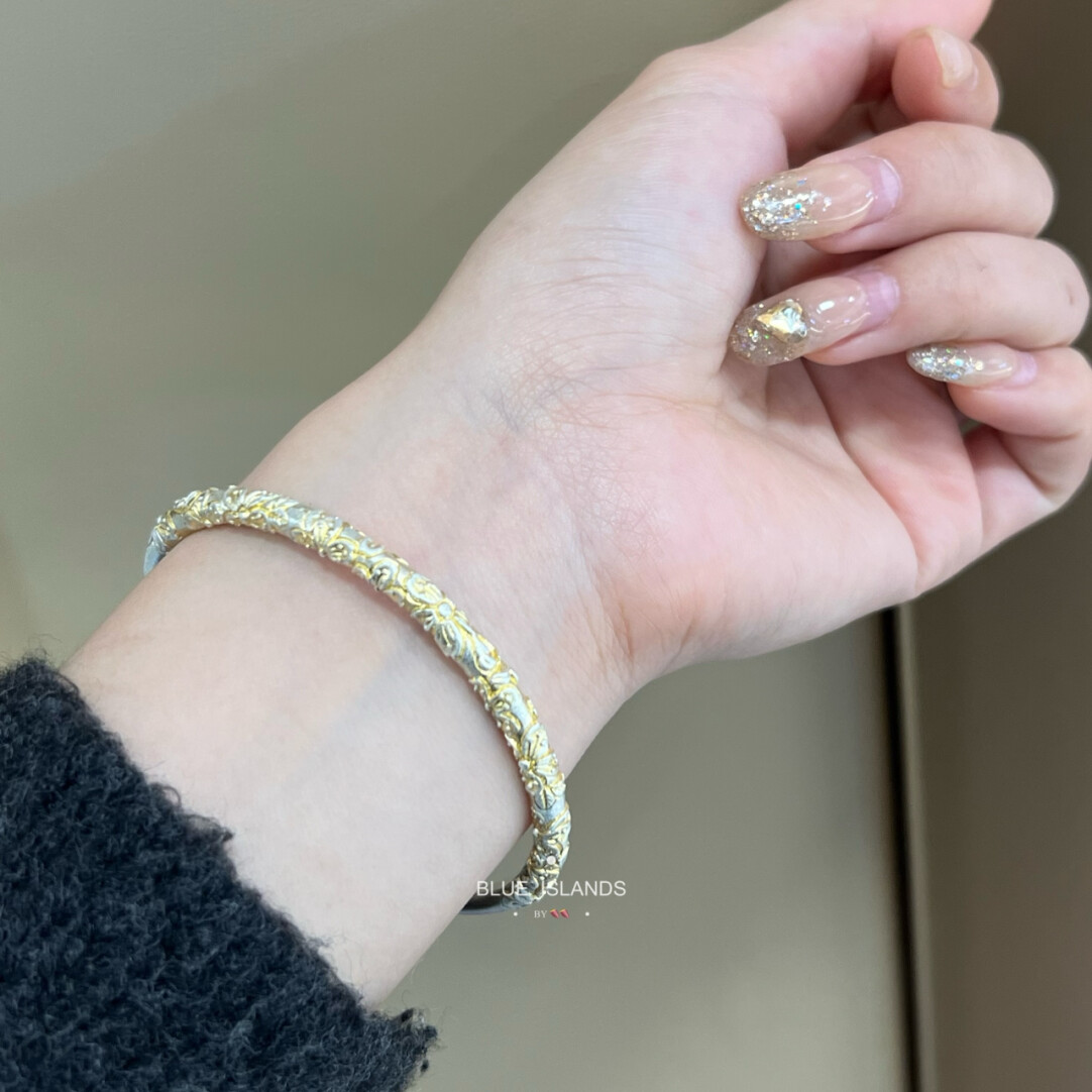 古法开口樱花纯银手镯足银9999描金版实心款送女友