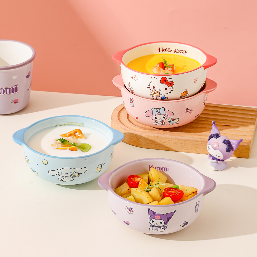 川岛屋三丽鸥双耳碗儿童陶瓷碗家用hellokitty蒸蛋羹吃饭专用小碗