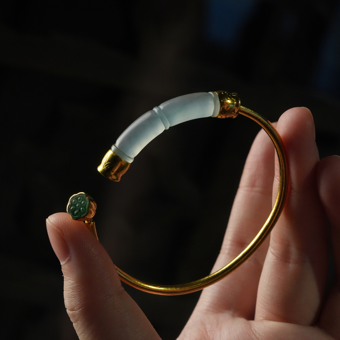 【清雅】足金高冰种翡翠竹节手镯 简约莲蓬开口手镯