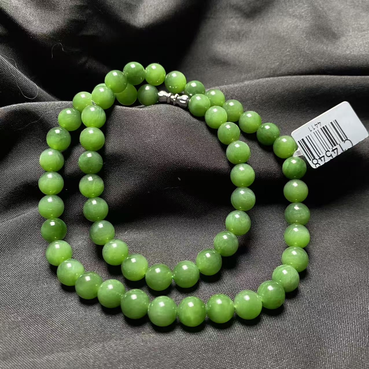 【迈越珠宝】天然和田玉碧玉粉绿荧光猫卡8女士妈妈链项链56颗圆珠