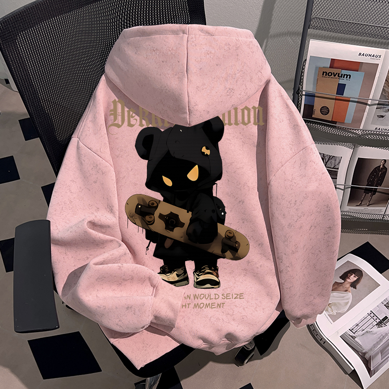 Dekkry秋冬蜡染粉色连帽卫衣男女款卡通小熊滑板印花套头加绒上衣