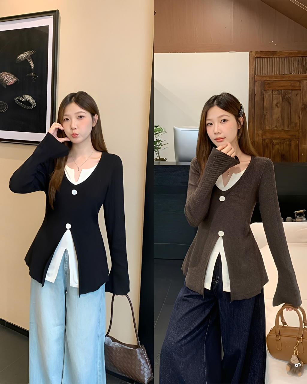 2025秋季大码女胖mm撞色V领假两件长袖针织衫设计感显瘦上衣69332