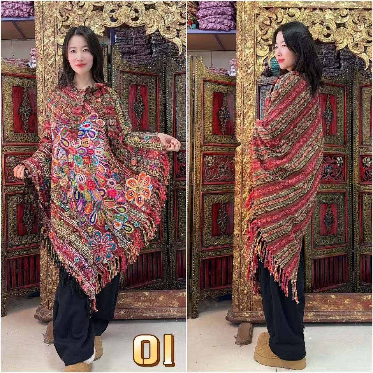 卡雅家重工手工刺绣珠绣苗族侗族手织棉布斗篷外套（中长款）