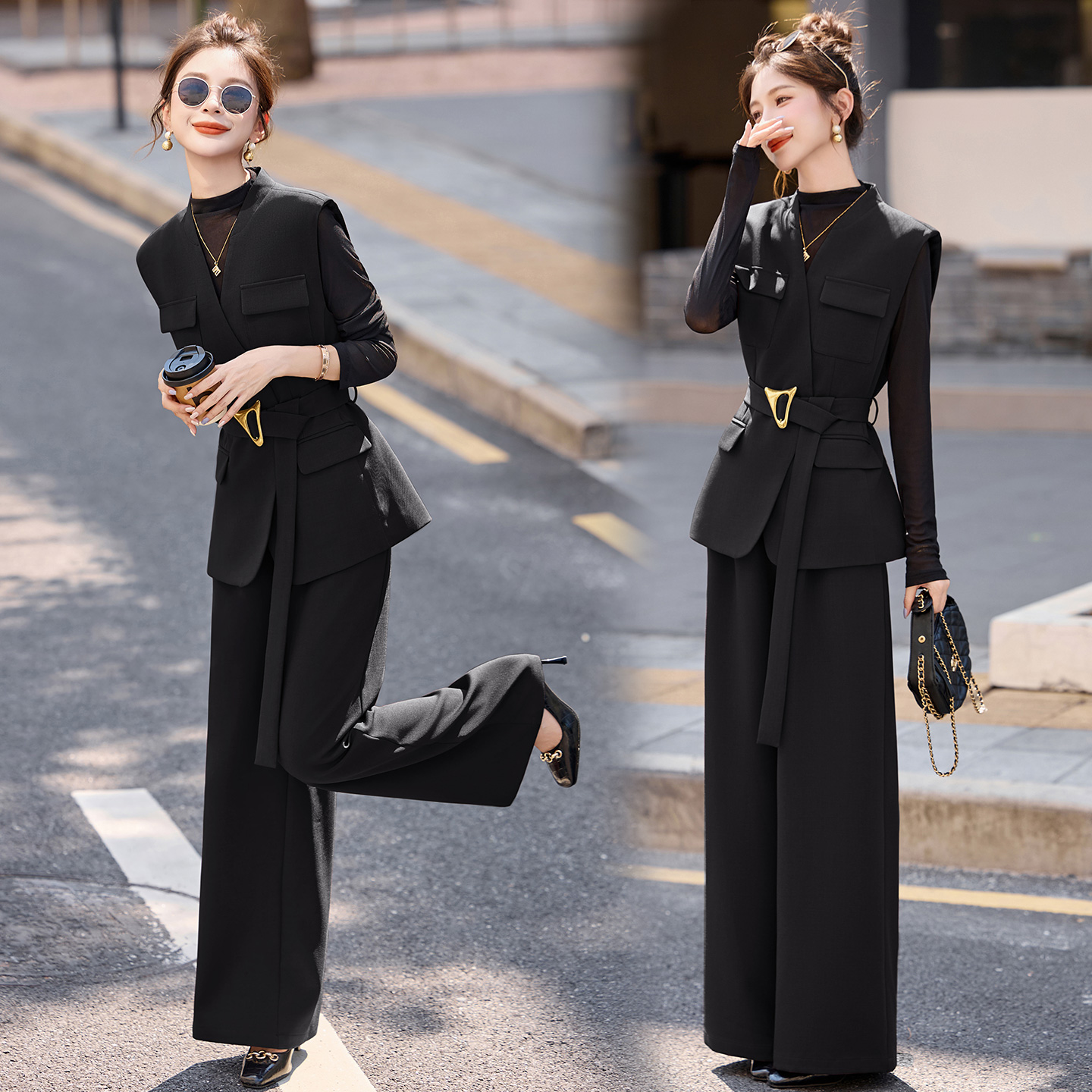 高级感老钱风收腰马甲套装女秋冬轻熟风时尚洋气阔腿裤气质三件套