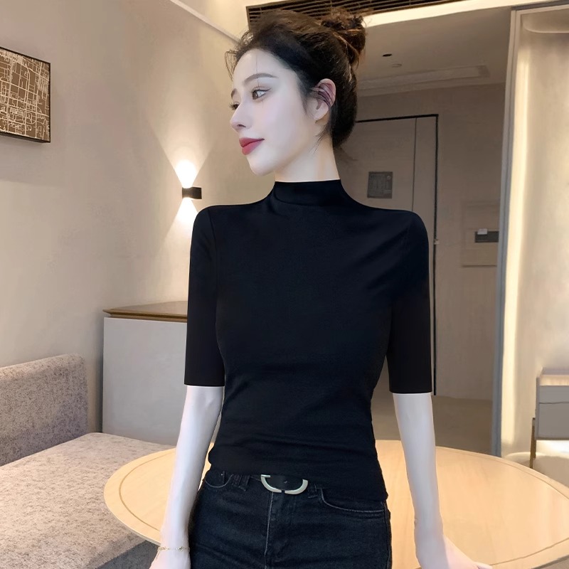黑色莫代尔中袖打底衫女内搭修身洋气高级感t恤五分袖半高领上衣