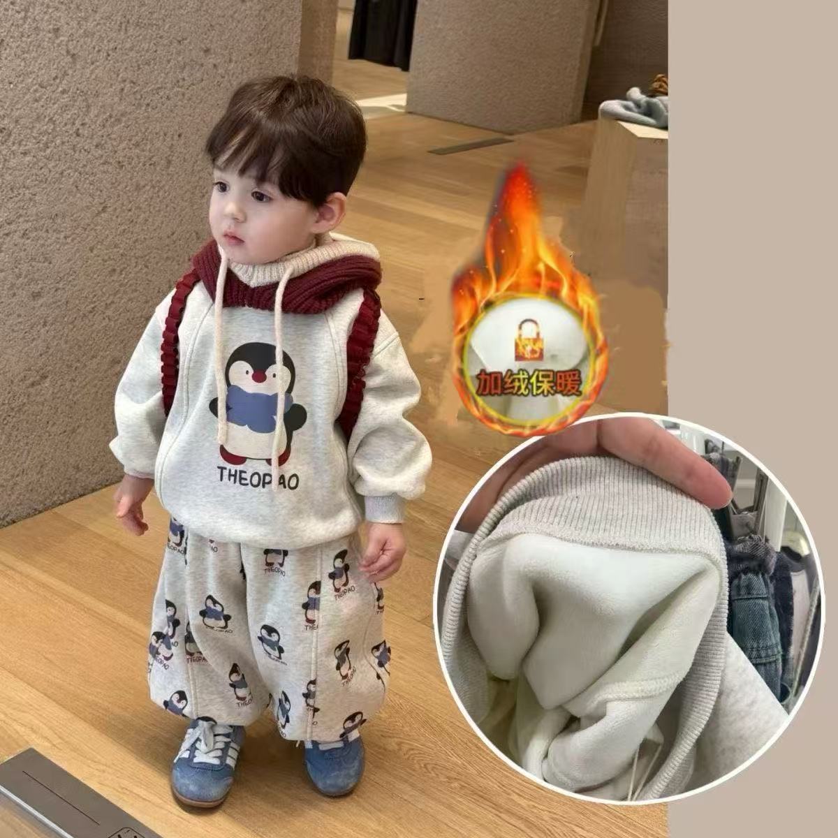 男童冬套装2025新款儿童可爱企鹅加绒卫衣男孩卡通加绒休闲束腿裤