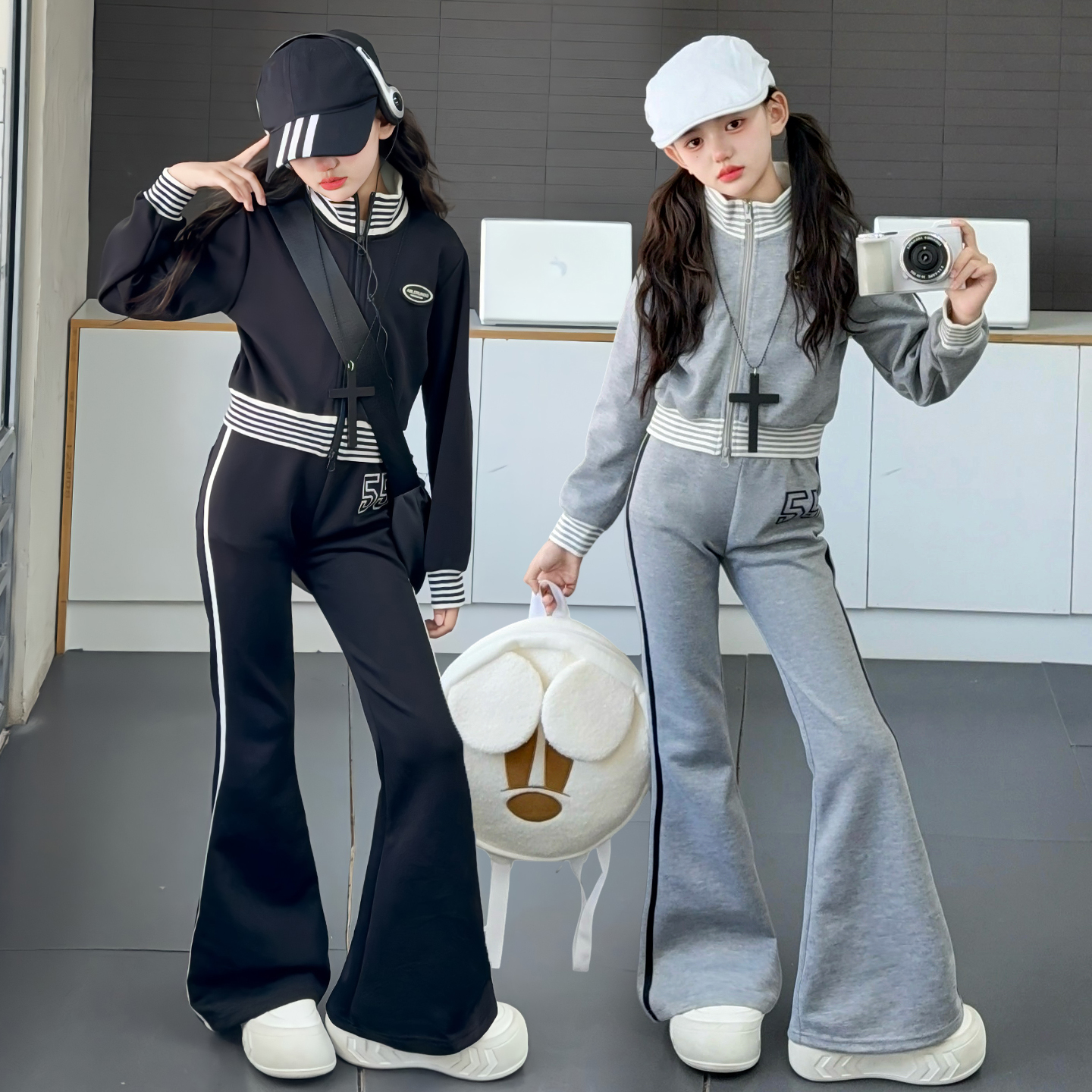 女童酷飒拽姐套装秋装2025新款儿童秋季巨好看的黑色外套两件套潮