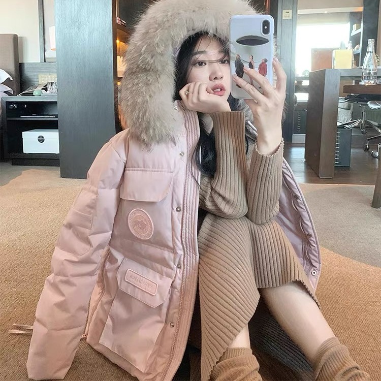 极寒短款加厚毛领粉色工装派克服冬季显瘦新款时尚洋气百搭女装