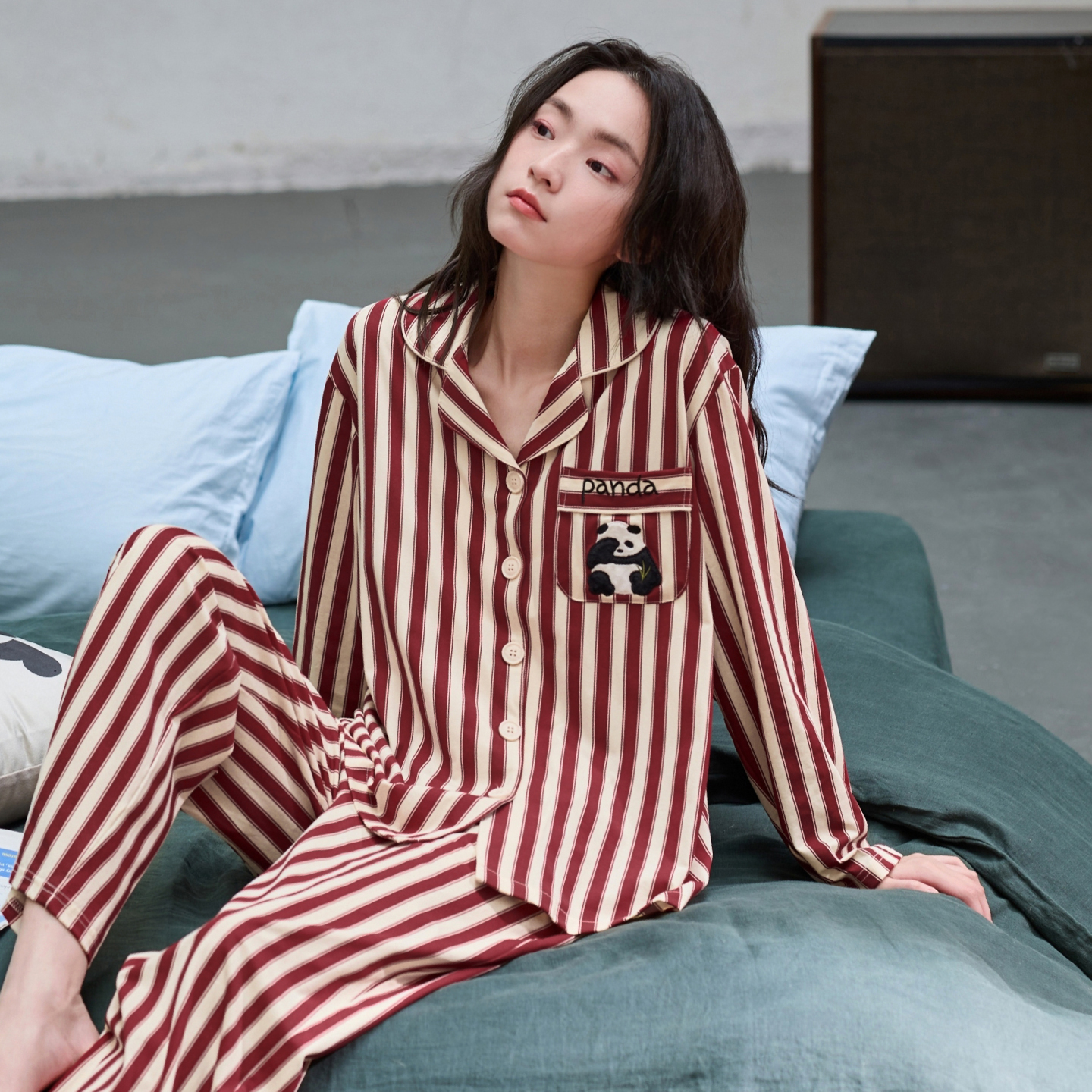 芬腾纯棉女士睡衣春秋款长袖长裤开衫可爱熊猫条纹家居服套装新款