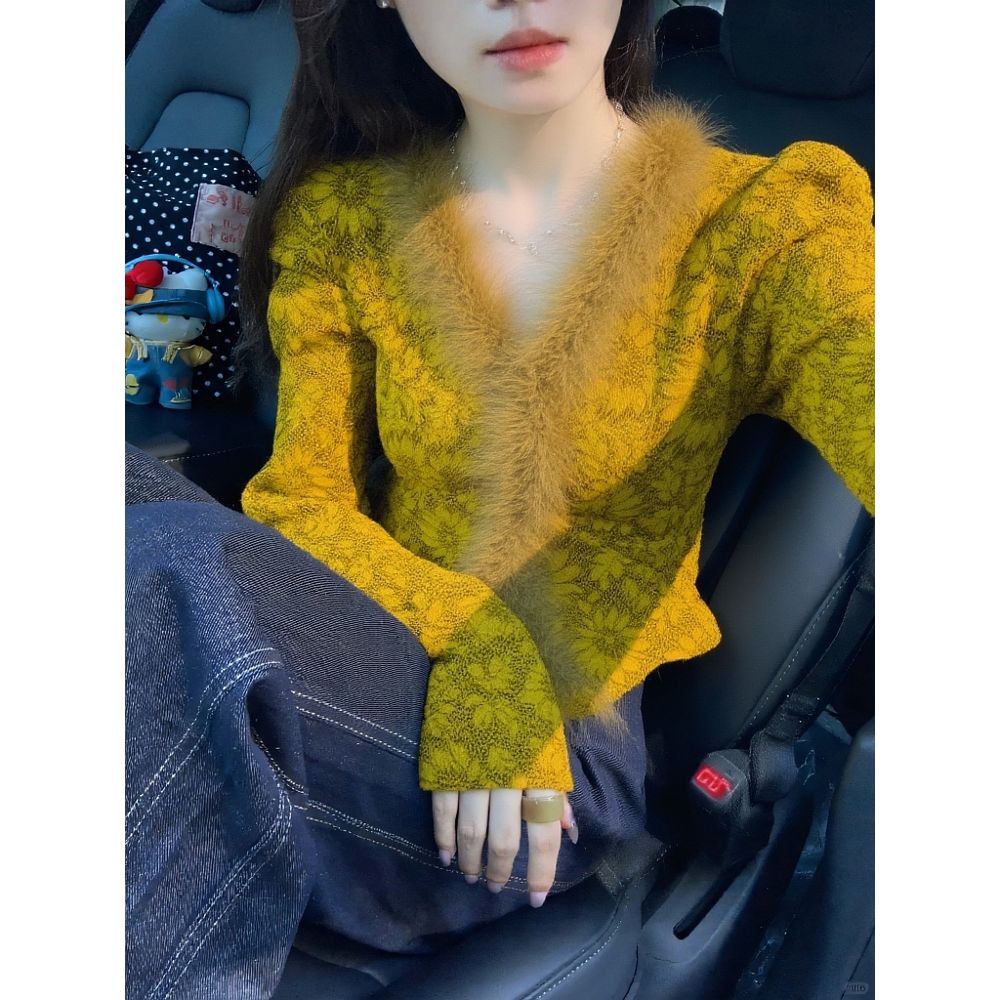 新款季法式独特超好看的v领衬衫加加厚内搭打底黄色蕾丝衫上衣女